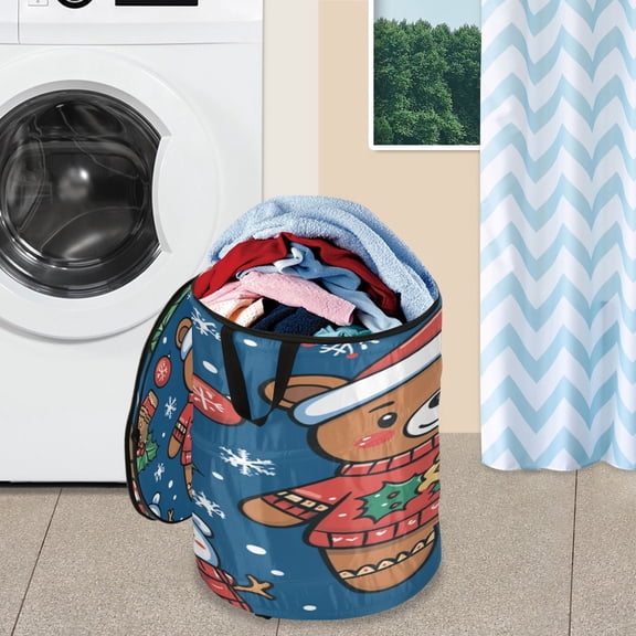 WOBOGO Seamless Pattern Of A Christmas Bear and Decorations Foldable Laundry Baskets with Carry Handle Zipper Closure Travel Bathroom College Dorm Essentials