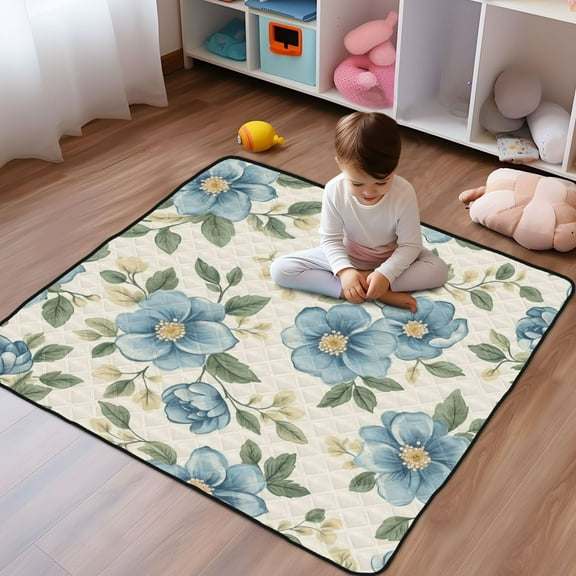 WOBOGO Seamless Pattern Of Blue Flowers and Green Leaves Baby Playmats Extra Large Waterproof Rollable Activity Pads for Toddlers 5050inch