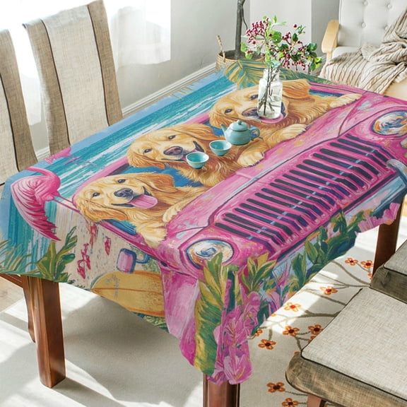WOBOGO Seaside Golden Retriever Square Tablecloth 54×54in Polyester Fabric Tablecloth Washable Dust Resistant Wrinkle Resistant