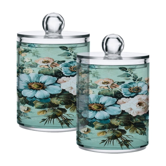 WOBOGO Shabby Chic Bouquet Transparent Plastic Jar 2pcs Cotton Swabs Balls Pads Floss Stick Dispenser Bathroom Vanity Storage Organizer