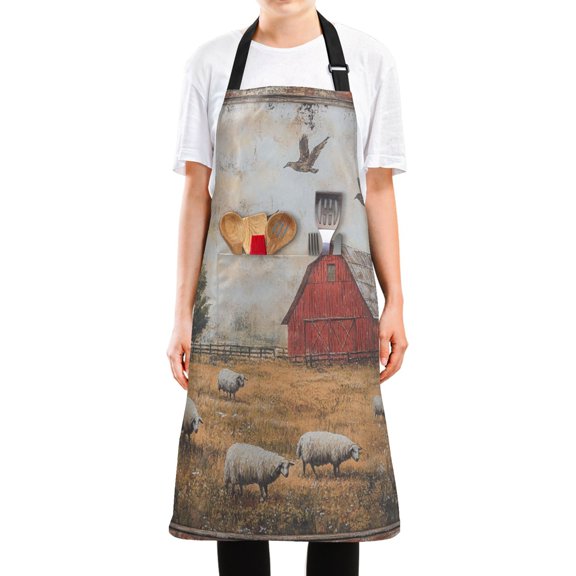 WOBOGO Sheep Pasture Long Apron Waterdrop Resistant with 2 Pockets Cooking Kitchen Chef Apron for Women Men