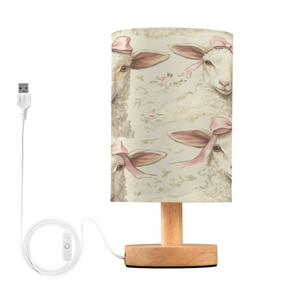 WOBOGO Sheep with Bows Tied To Their Heads Pattern Bedroom Table Lamp USB Power Connector Wooden Base Round Linen Shade For Living Room Desk