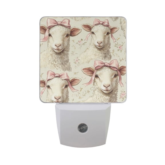 WOBOGO Sheep with Bows Tied To Their Heads Pattern LED Night Light 2 Pcs Set 0.5 Watt Wall Plug in Dusk to Dawn Automatic Switch Soft White Light