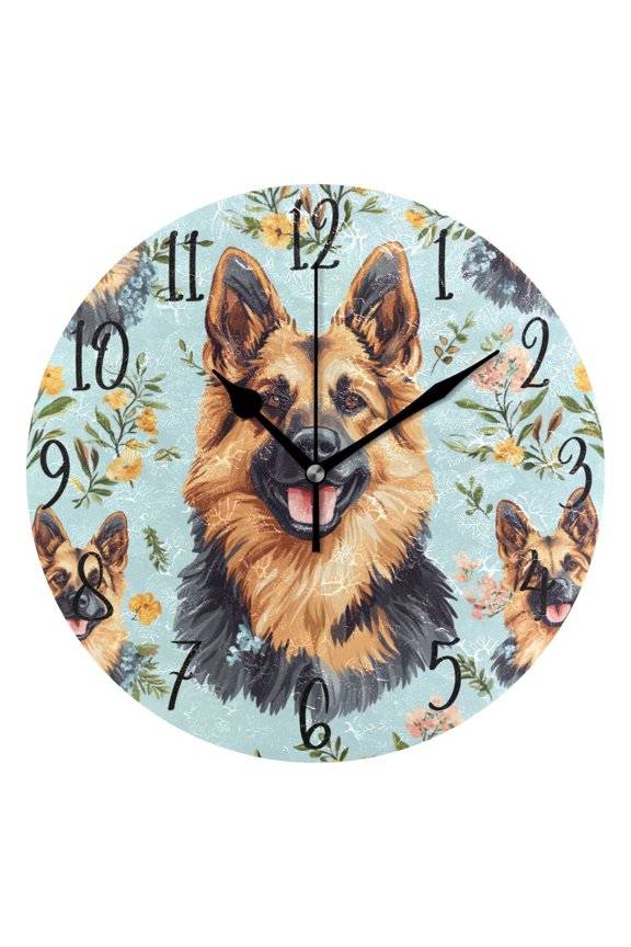 Shepherd Dog Wall Clock 10in Silent Mechanism Battery Operated Retro Style for Living Room Bedroom and Kitchen Black Pointer