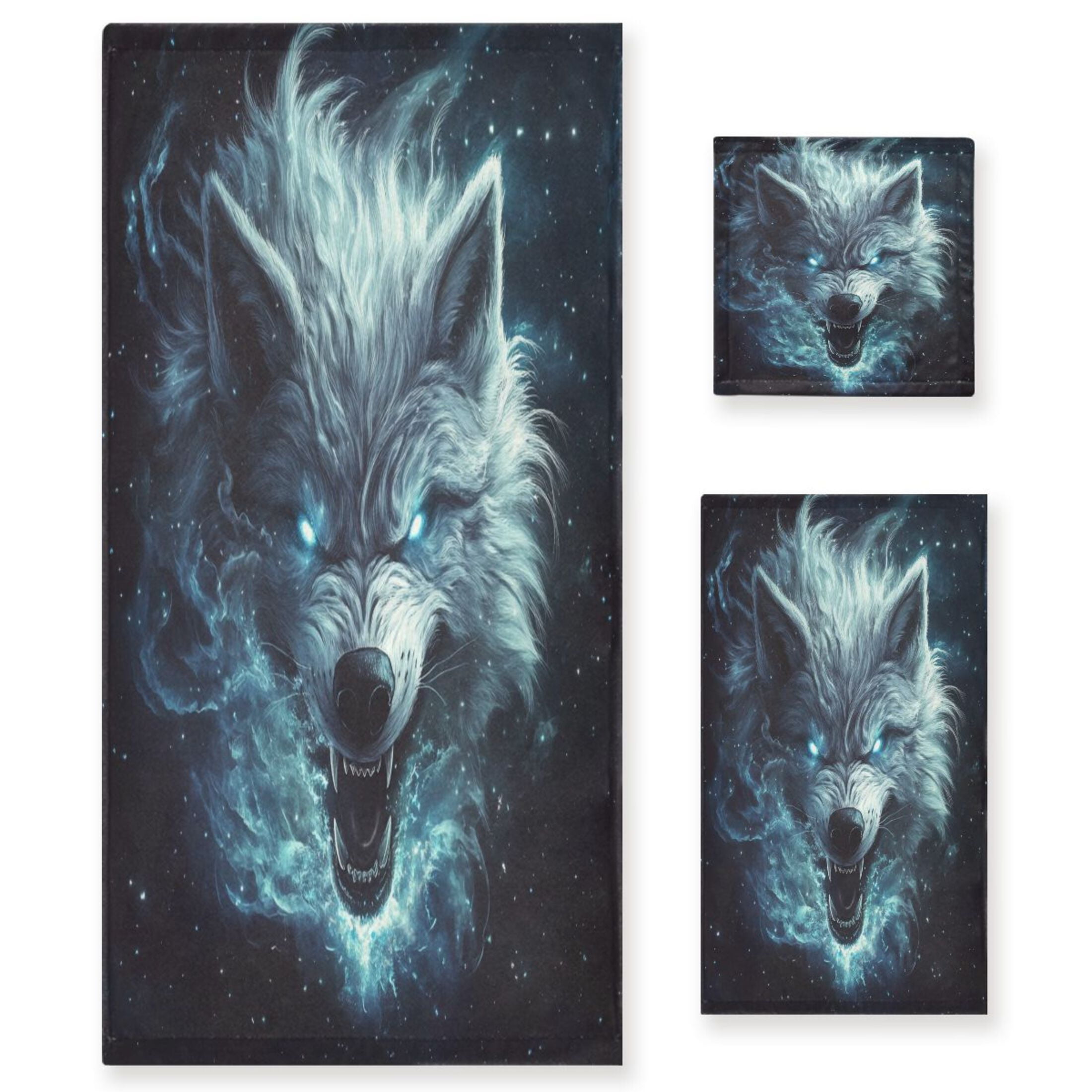 WOBOGO Show Ferocity Wolf Ultra Soft 3 Pack Cotton Towel Set Includes 60 x 30in Bath Towel 28 x 16in Face Towel and 13 x 13in Small Square Towel for Everyday Use Lightweight and Compact