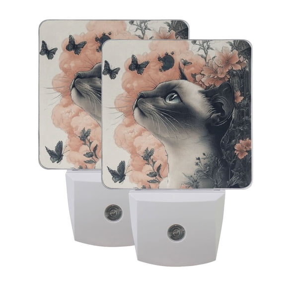 WOBOGO Siamese Cat with Flower LED Night Light 2 Pcs Set 0.5 Watt Wall Plug in Dusk to Dawn Automatic Switch Soft White Light