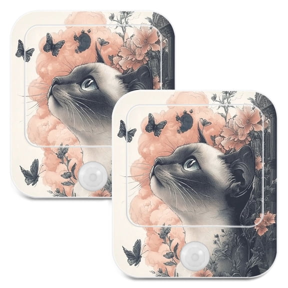 WOBOGO Siamese Cat with Flower Night Light Lamp with Smart Sensor Dusk to Dawn Sensor 0.6W Plug-in 2-Pack