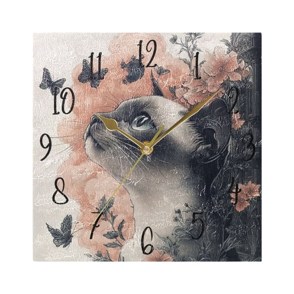 WOBOGO Siamese Cat with Flower Wall Clock 7.78 Inch Battery Operated Silent Unit Square Rustic Vintage Style for Home Bedroom Office Gold Pointer