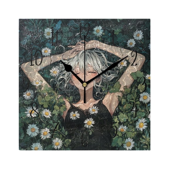 WOBOGO Silver Hair Lass Wall Clock 7.78 Inch Battery Operated Silent Unit Square Rustic Vintage Style for Home Bedroom Office Black Pointer