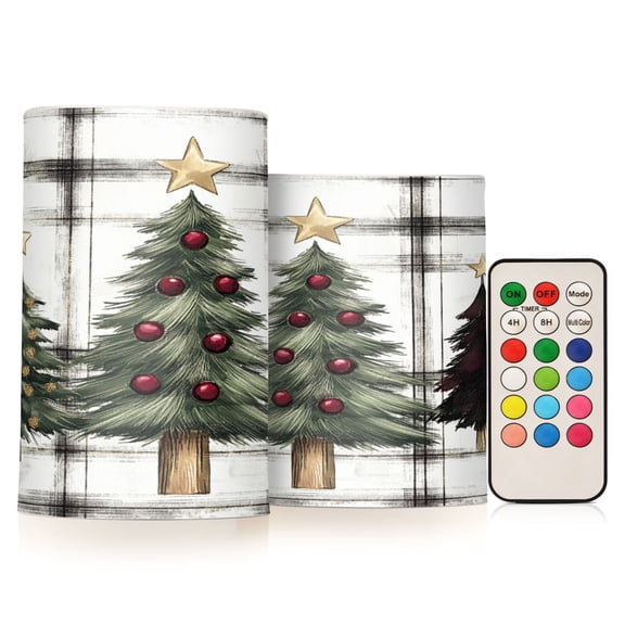 WOBOGO Size Combo Candle Flickering Flameless with Remote Control and Timer for Romantic Atmosphere Christmas Trees on A White and Black Plaid Pattern