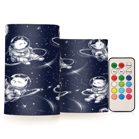 WOBOGO Size Combo Candle Flickering Flameless with Remote Control and Timer for Romantic Atmosphere Astronaut Cat Blue Stars