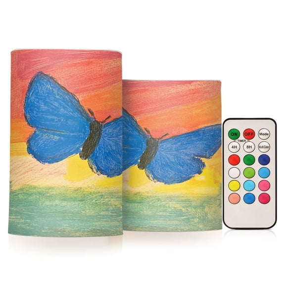 WOBOGO Size Combo Candle Flickering Flameless with Remote Control and Timer for Romantic Atmosphere Blue Butterfly