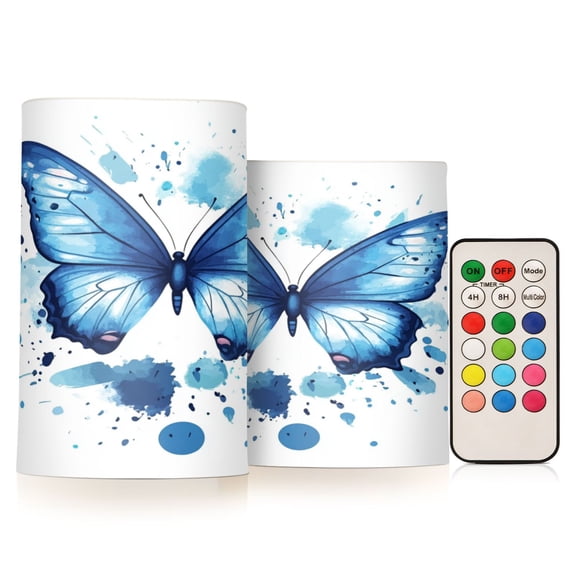 WOBOGO Size Combo Candle Flickering Flameless with Remote Control and Timer for Romantic Atmosphere Blue Butterfly
