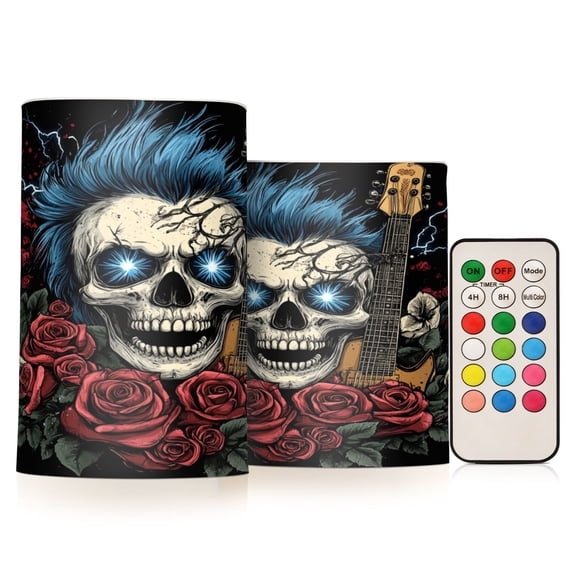 WOBOGO Size Combo Candle Flickering Flameless with Remote Control and Timer for Romantic Atmosphere Blue Hair Skull Guitar Pattern
