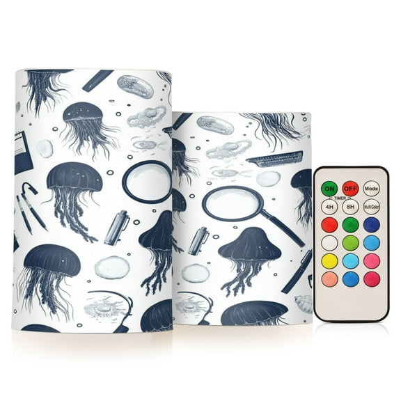 WOBOGO Size Combo Candle Flickering Flameless with Remote Control and Timer for Romantic Atmosphere Blue Jellyfish Pattern