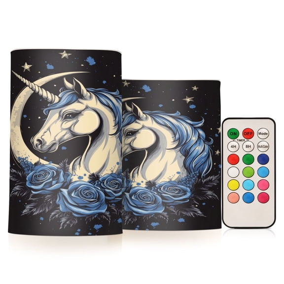 WOBOGO Size Combo Candle Flickering Flameless with Remote Control and Timer for Romantic Atmosphere Blue Rose Unicorn Pattern