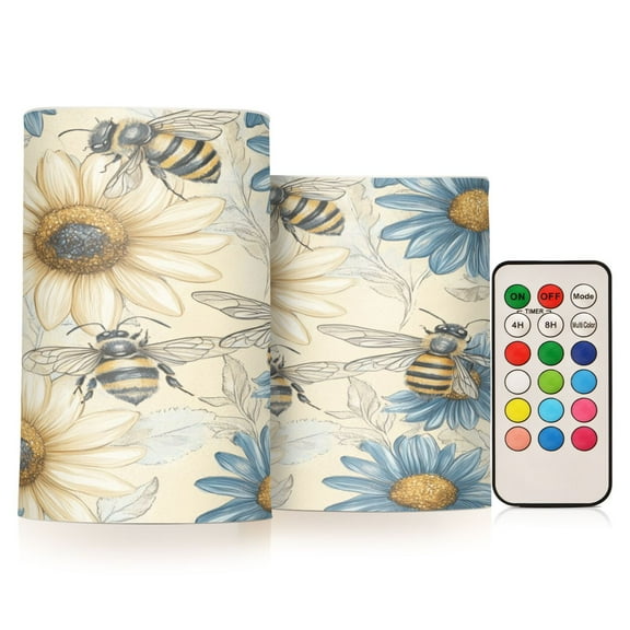 WOBOGO Size Combo Candle Flickering Flameless with Remote Control and Timer for Romantic Atmosphere Blue White Flower Bee Pattern