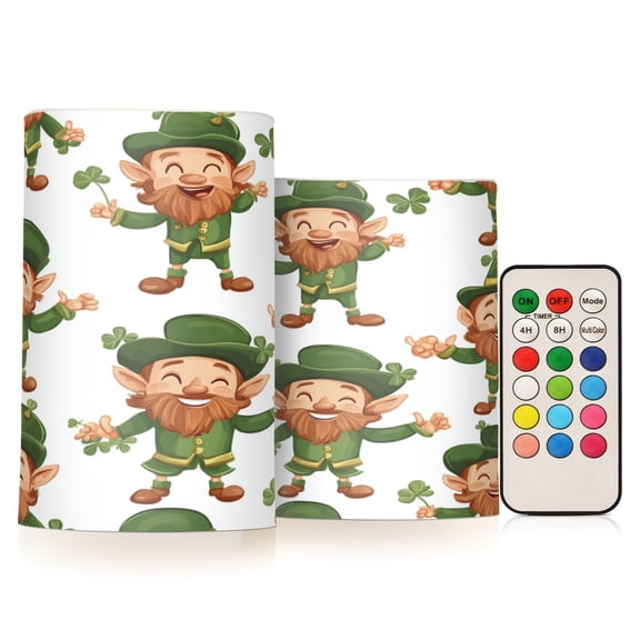 WOBOGO Size Combo Candle Flickering Flameless with Remote Control and Timer for Romantic Atmosphere Cartoon Leprechauns Pattern on White Background