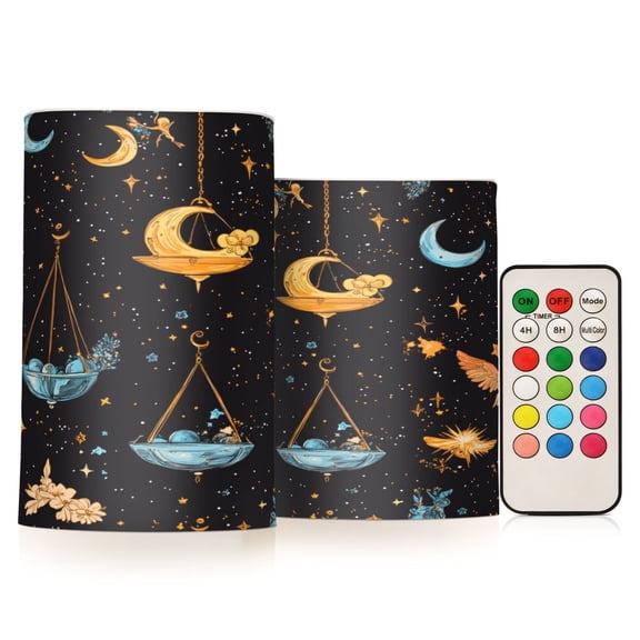 WOBOGO Size Combo Candle Flickering Flameless with Remote Control and Timer for Romantic Atmosphere Cartoon Libra Pattern