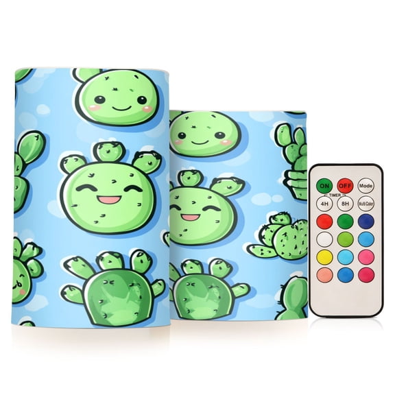 WOBOGO Size Combo Candle Flickering Flameless with Remote Control and Timer for Romantic Atmosphere Cute Cartoon Cactus on Blue Background