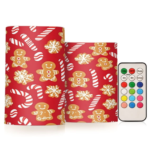 WOBOGO Size Combo Candle Flickering Flameless with Remote Control and Timer for Romantic Atmosphere Gingerbread Cookies and Candy Cane Pattern
