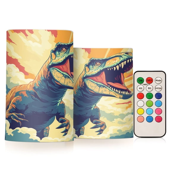 WOBOGO Size Combo Candle Flickering Flameless with Remote Control and Timer for Romantic Atmosphere Illustration Of Dinosaur Roaring To The Sky