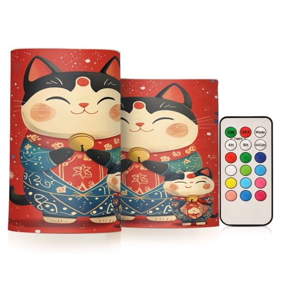 WOBOGO Size Combo Candle Flickering Flameless with Remote Control and Timer for Romantic Atmosphere Illustration Of Fortune Cats with Blue Snowflakes