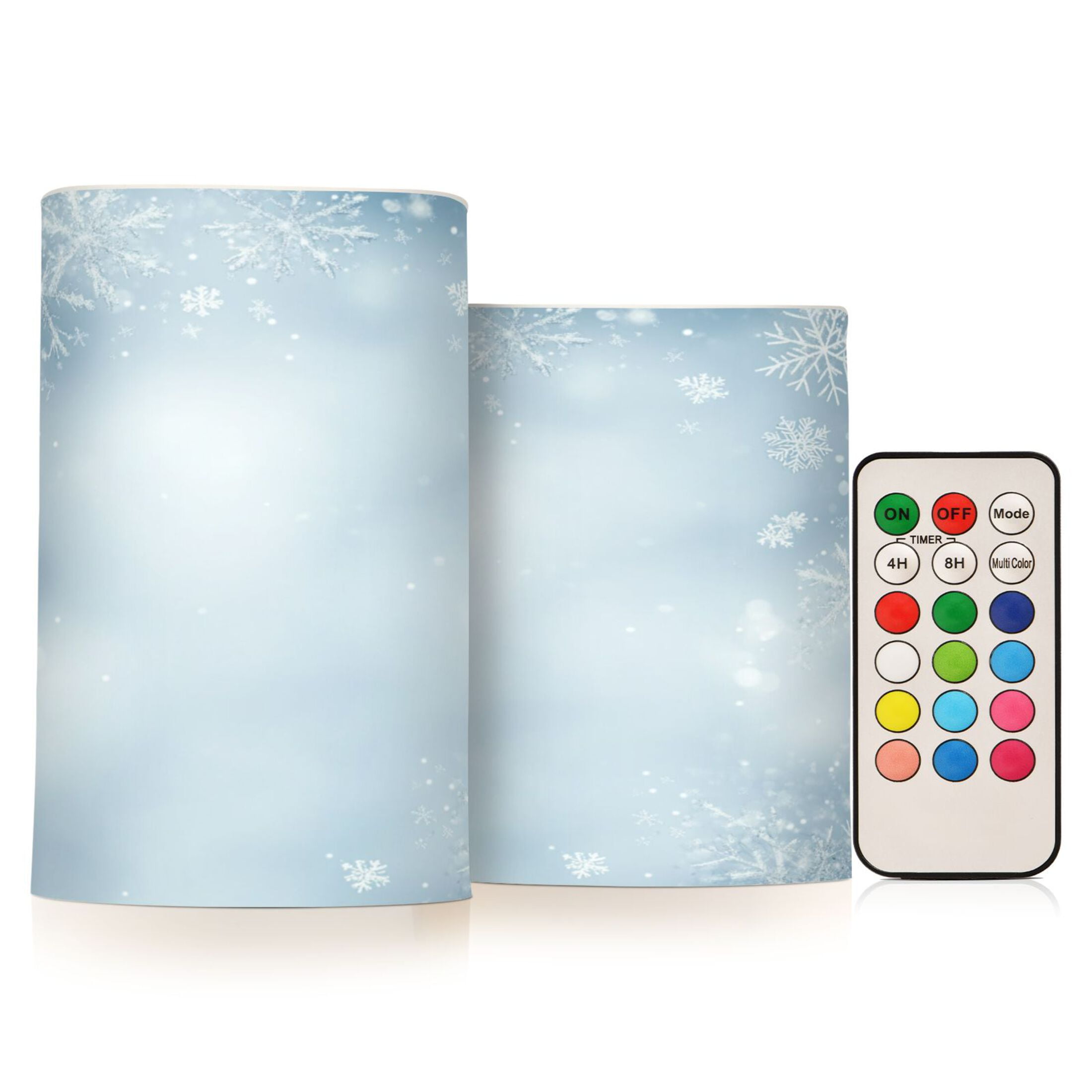 WOBOGO Size Combo Candle Flickering Flameless with Remote Control and Timer for Romantic Atmosphere Light Blue Background with Snowflakes