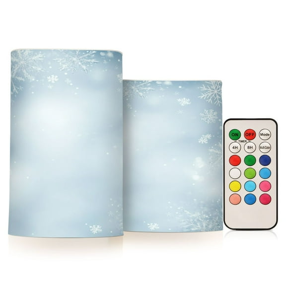 WOBOGO Size Combo Candle Flickering Flameless with Remote Control and Timer for Romantic Atmosphere Light Blue Background with Snowflakes