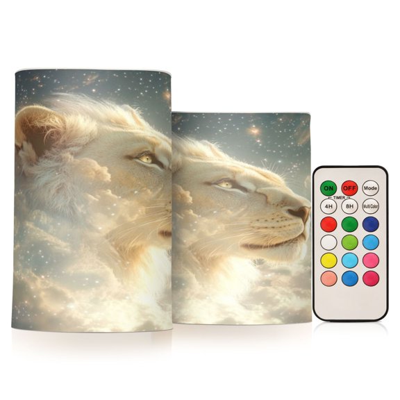 WOBOGO Size Combo Candle Flickering Flameless with Remote Control and Timer for Romantic Atmosphere Lion in The Clouds Pattern
