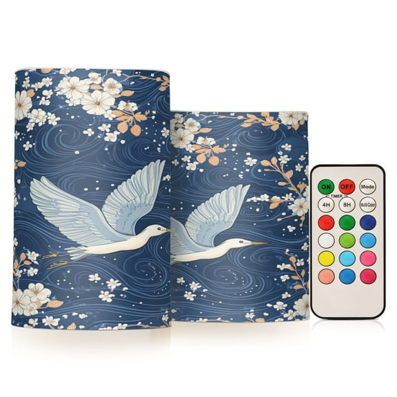 WOBOGO Size Combo Candle Flickering Flameless with Remote Control and Timer for Romantic Atmosphere Seagulls White Flowers Blue Pattern