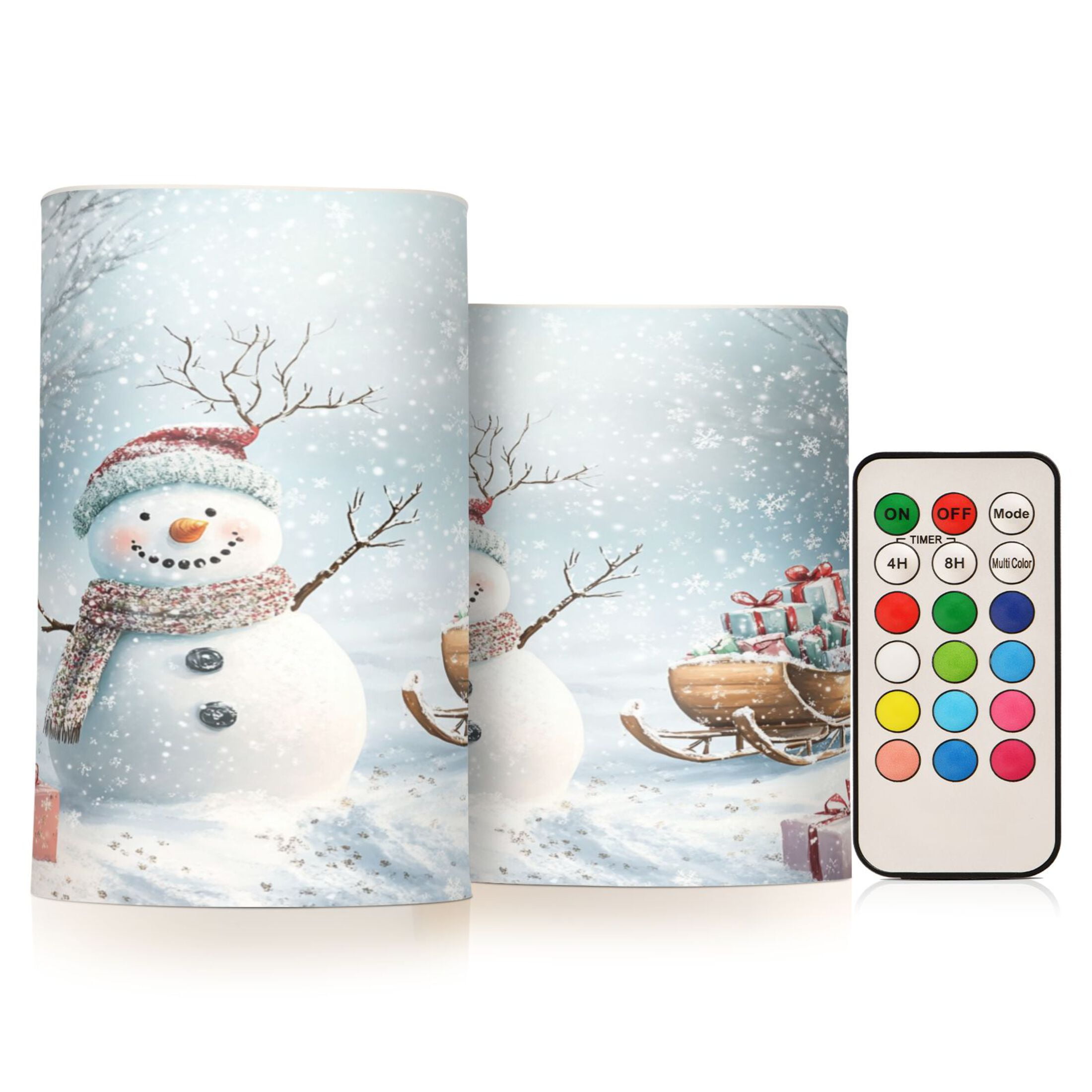 WOBOGO Size Combo Candle Flickering Flameless with Remote Control and Timer for Romantic Atmosphere Snowman Next To A Sleigh Full Of Presents