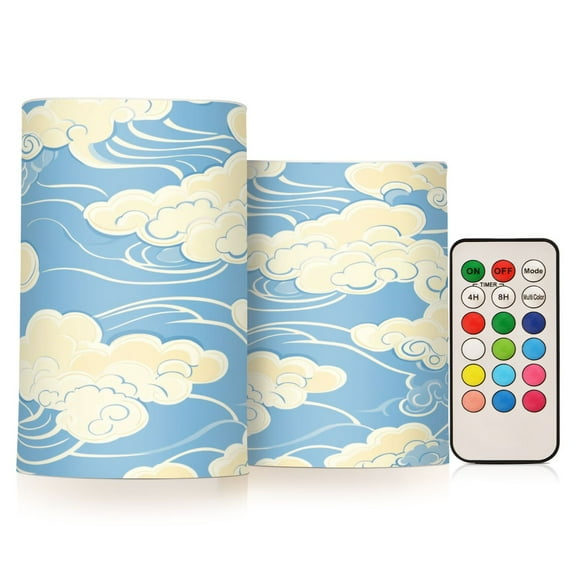 WOBOGO Size Combo Candle Flickering Flameless with Remote Control and Timer for Romantic Atmosphere White Cloud Pattern on Blue Background
