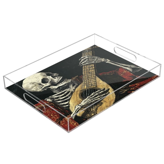 WOBOGO Skeleton Playing The Lute Acrylic Serving Trays 15.7x11.8 Inch Spill Proof Clear Decorative Organizer with Handle
