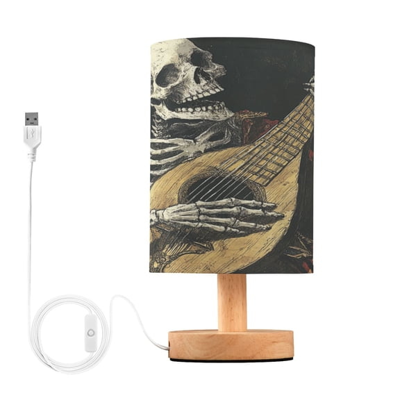 WOBOGO Skeleton Playing The Lute Bedroom Table Lamp USB Power Connector Wooden Base Round Linen Shade For Living Room Desk