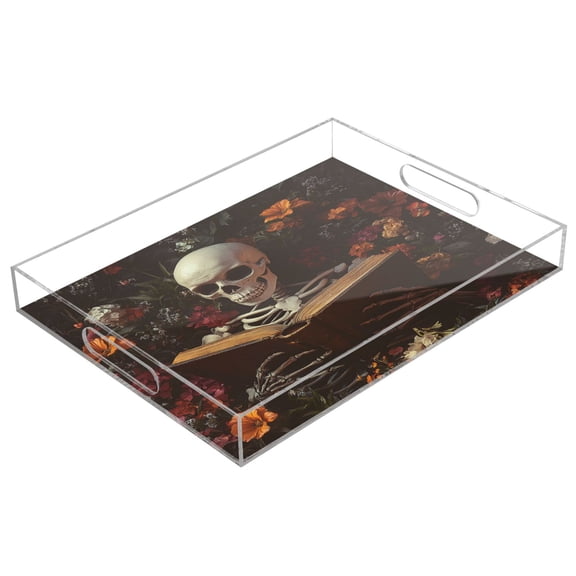 WOBOGO Skeleton Reading Acrylic Serving Trays 15.7x11.8 Inch Spill Proof Clear Decorative Organizer with Handle