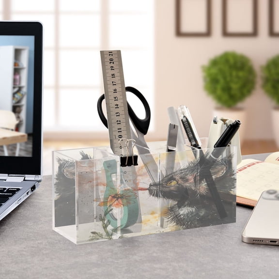 WOBOGO Skinny Black Cat Acrylic Pen Holder 4 Compartments Clear Pencil Organizer Makeup Brush Storage Case