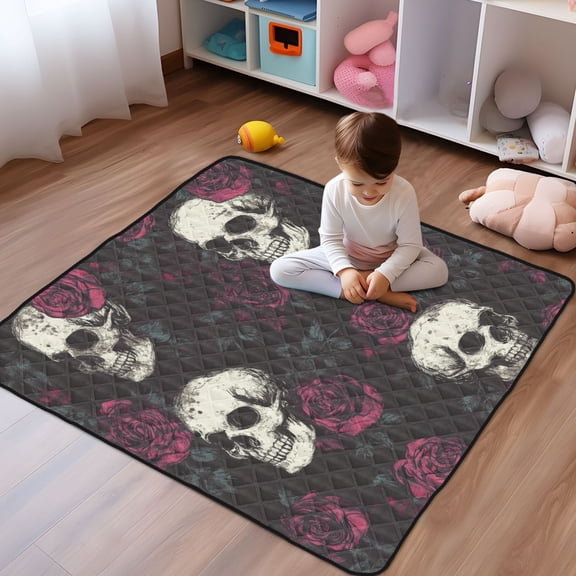 WOBOGO Skull Burgundy Roses Pattern Baby Playmats Extra Large Waterproof Rollable Activity Pads for Toddlers 5050inch