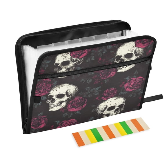 WOBOGO Skull Burgundy Roses Pattern Expanding File Folder Letter Size Accordion Filing Organizer 13 Pocket Separate Organ Pocket