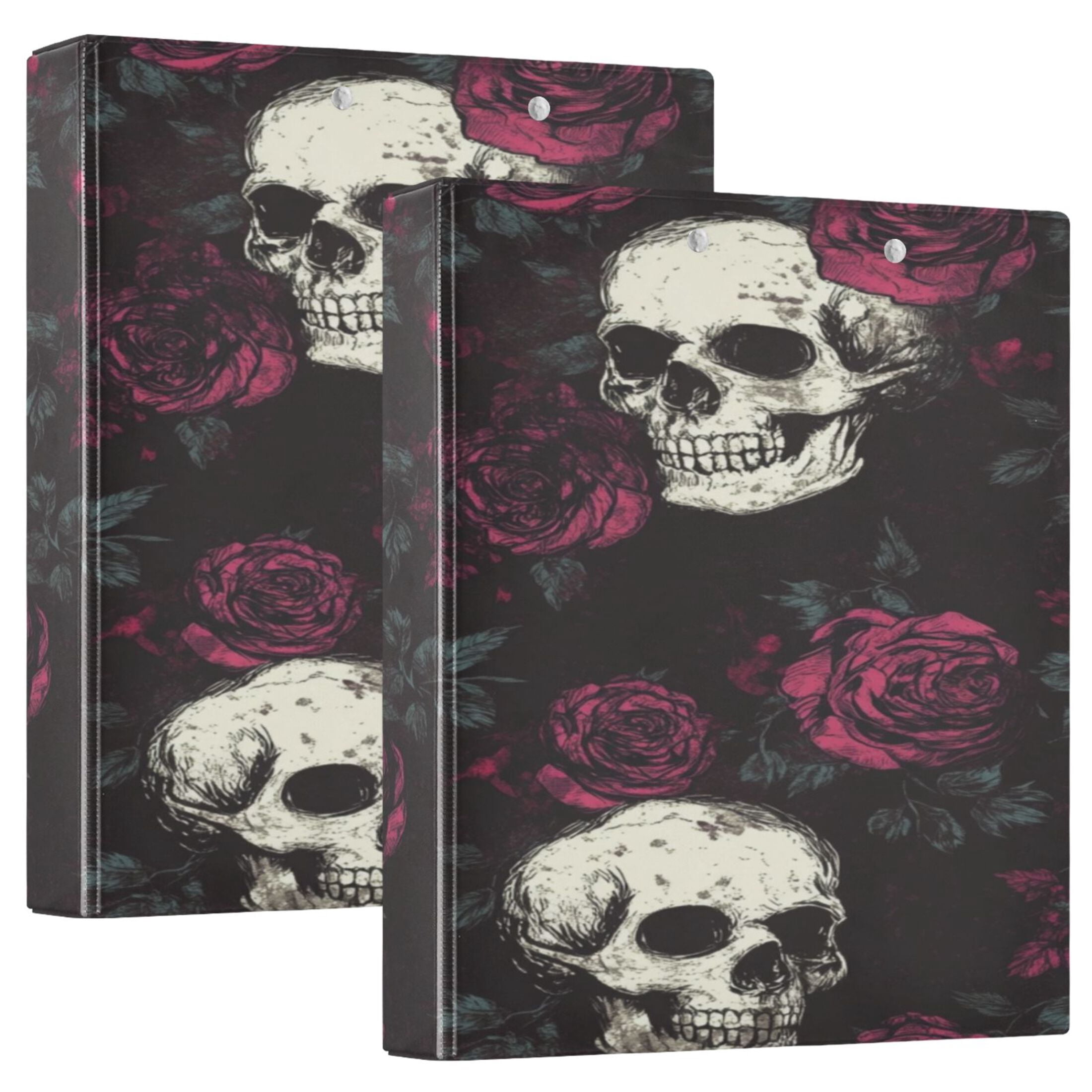 WOBOGO Skull Burgundy Roses Pattern File Folders Extra Large Capacity to Hold 200 Sheets of Documents Hard Shell Ring Binder for School Home Office