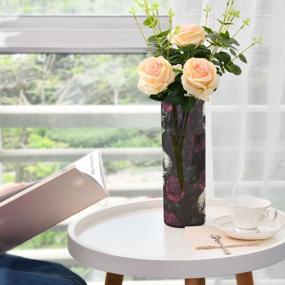 WOBOGO Skull Burgundy Roses Pattern Plastic Vase Home or Wedding Decoration Centerpiece Unbreakable 11.83.9in