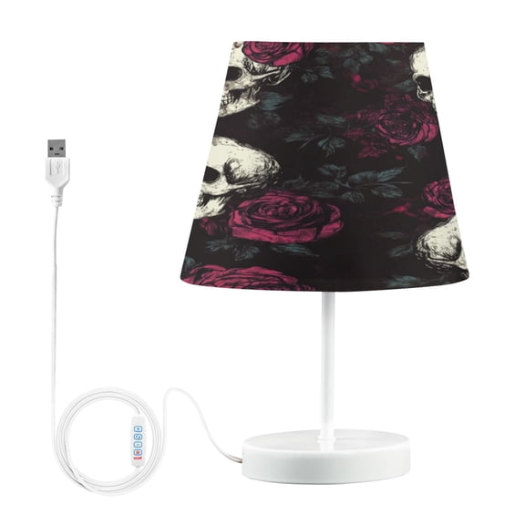 WOBOGO Skull Burgundy Roses Pattern Table Lamps Bedroom 3-Speed Dimmable Farm Style with Fabric Shade for Reading and Home Office