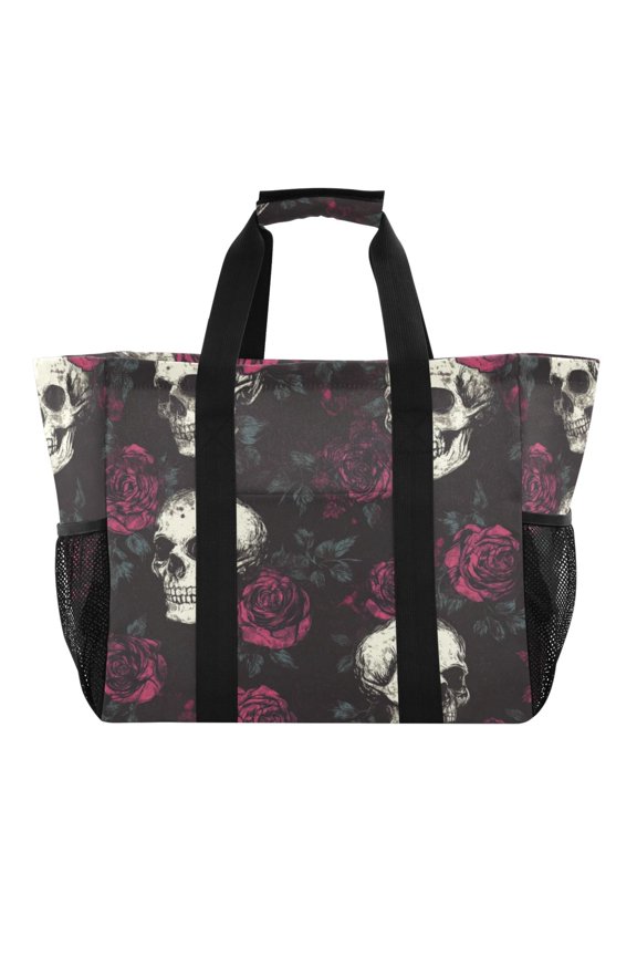 Skull Burgundy Roses Pattern Tote Shopping Bag Reusable Heavy Duty Durable Foldable Washable 15.412.89.8in