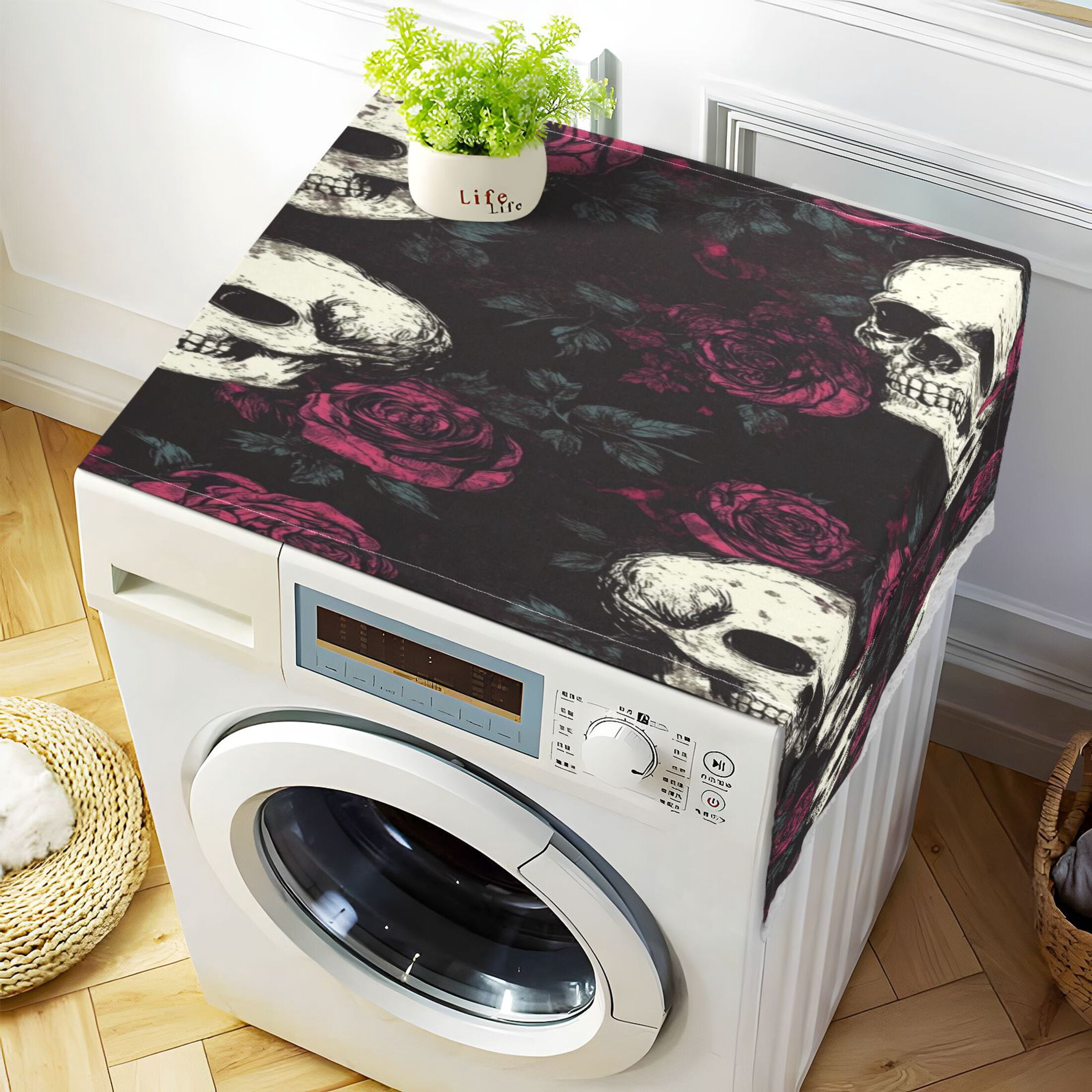 WOBOGO Skull Burgundy Roses Pattern Washing Machine Cloth Dryer Refrigerator Top Cover Protective Non-Slip Mat For Kitchen Laundry