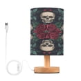 thumbnail image 1 of WOBOGO Skull Red Rose Darkpattern Bedroom Table Lamp USB Power Connector Wooden Base Round Linen Shade For Living Room Desk, 1 of 7