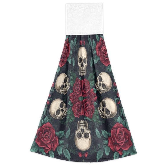 WOBOGO Skull Red Rose Darkpattern Hand Towel Set of 2 Absorbent for Kitchen and Bathroom With Velcro Hanging Loop 18.214in