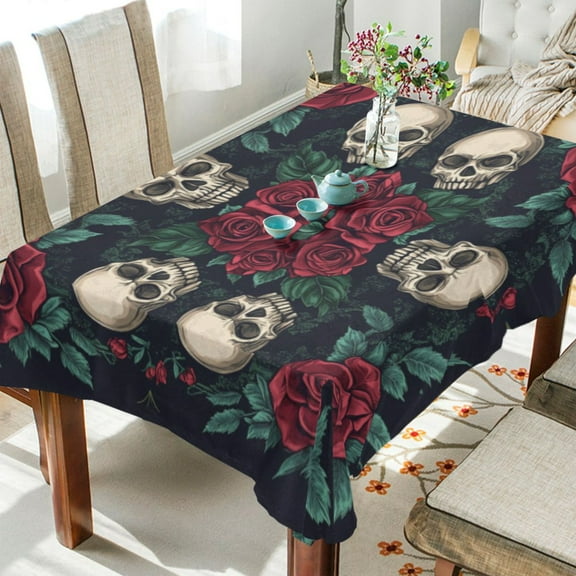 WOBOGO Skull Red Rose Darkpattern Square Tablecloth 60×60in Polyester Fabric Tablecloth Washable Dust Resistant Wrinkle Resistant