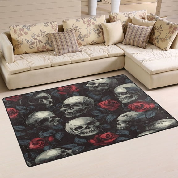 WOBOGO Skull Red Roses Pattern Carpet Non-Slip Rugs Soft Doormat 31×20in Living Dining Room Bedroom Decorative