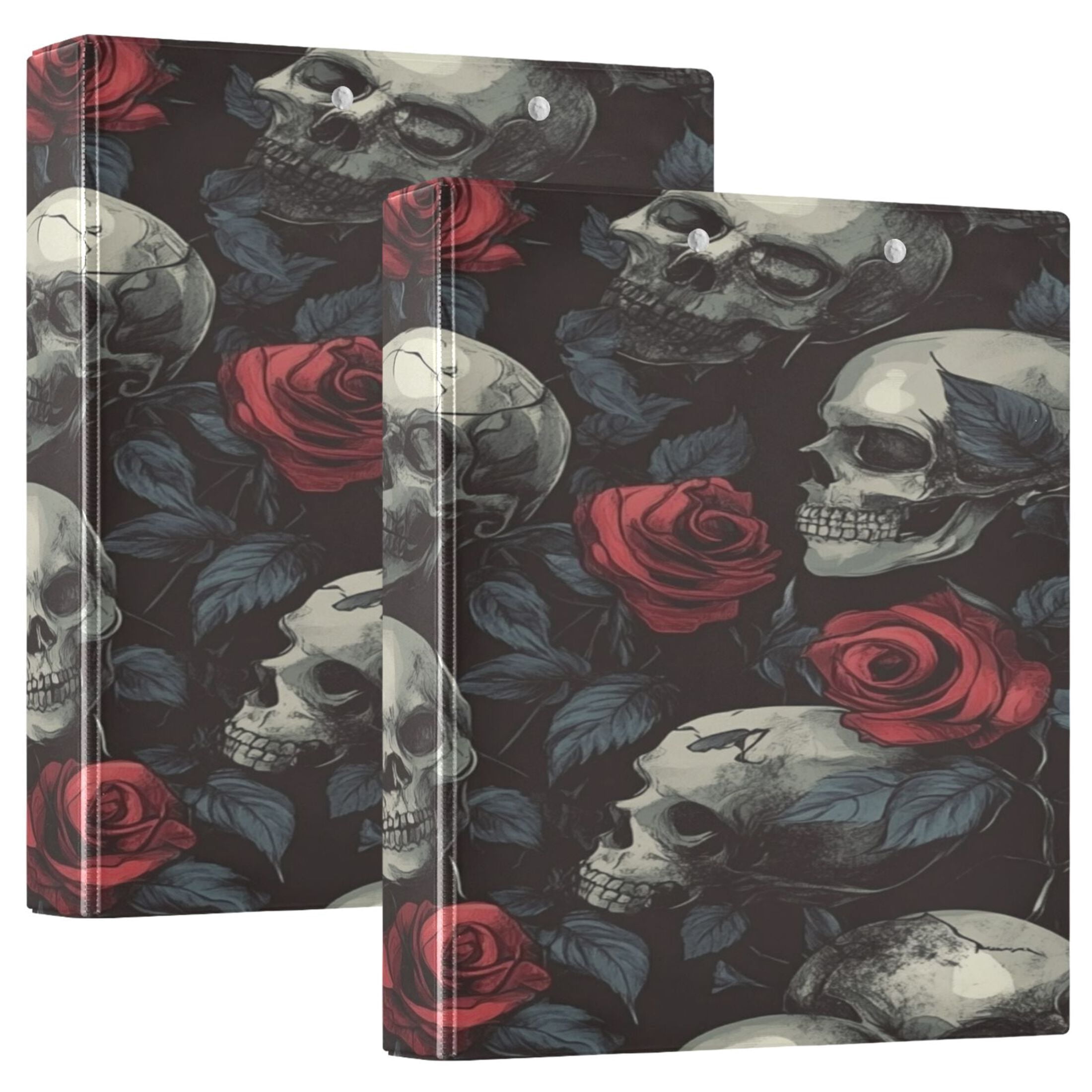 WOBOGO Skull Red Roses Pattern File Folders Extra Large Capacity to Hold 200 Sheets of Documents Hard Shell Ring Binder for School Home Office