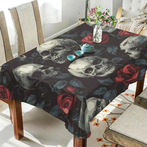 WOBOGO Skull Red Roses Pattern Square Tablecloth 54×54in Polyester Fabric Tablecloth Washable Dust Resistant Wrinkle Resistant
